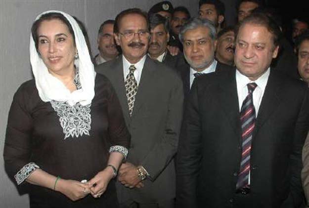 benazir bhutto l receives her political rival nawaz sharif r at her residence in islamabad december 3 2007 photo reuters