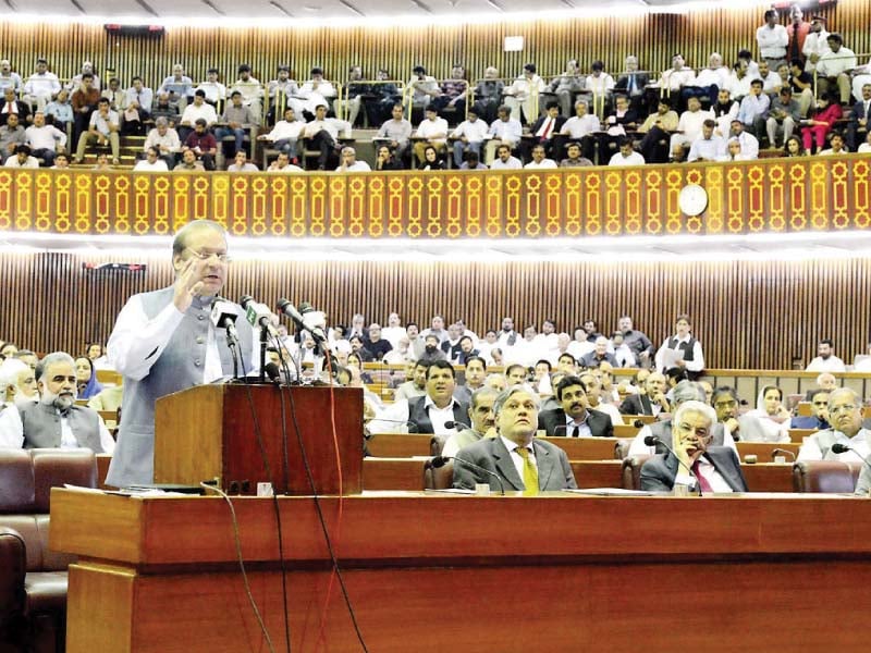 pm nawaz speaks in the national assembly before the opposition walk out photo nni