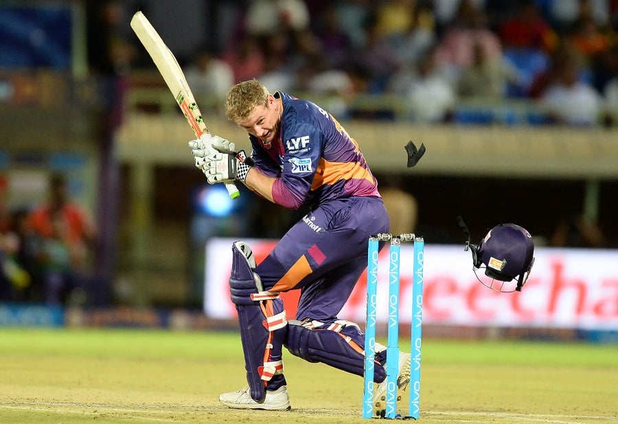 the helmet of rising pune supergiants batsman george bailey falls down after it was hit by a ball during the 2016 indian premier league ipl twenty20 cricket match between rising pune supergiants and delhi daredevils at dr y s rajasekhara reddy aca vdca cricket stadium in visakhapatnam on may 17 2016 photo afp