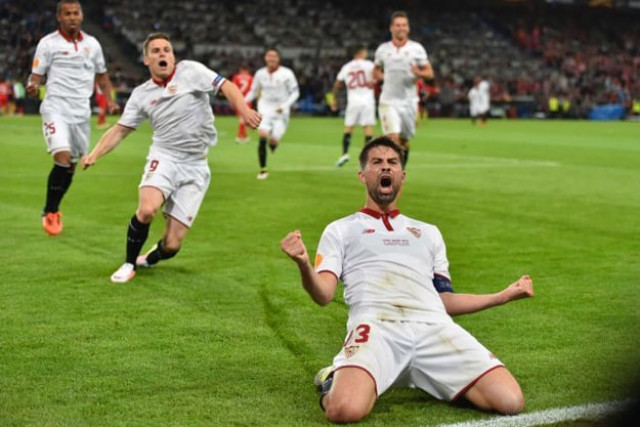 sevilla captain coke celebrates after scoring his second goal against liverpool photo afp sevilla captain coke celebrates after scoring his second goal against liverpool photo afp