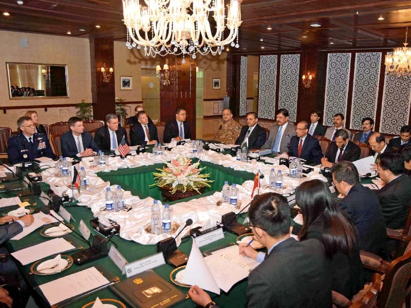 foreign secretary aizaz ahmad chaudhry chairs the fifth round of four way peace talks with afghanistan us and chinese delegates at the foreign ministry in islamabad photo app