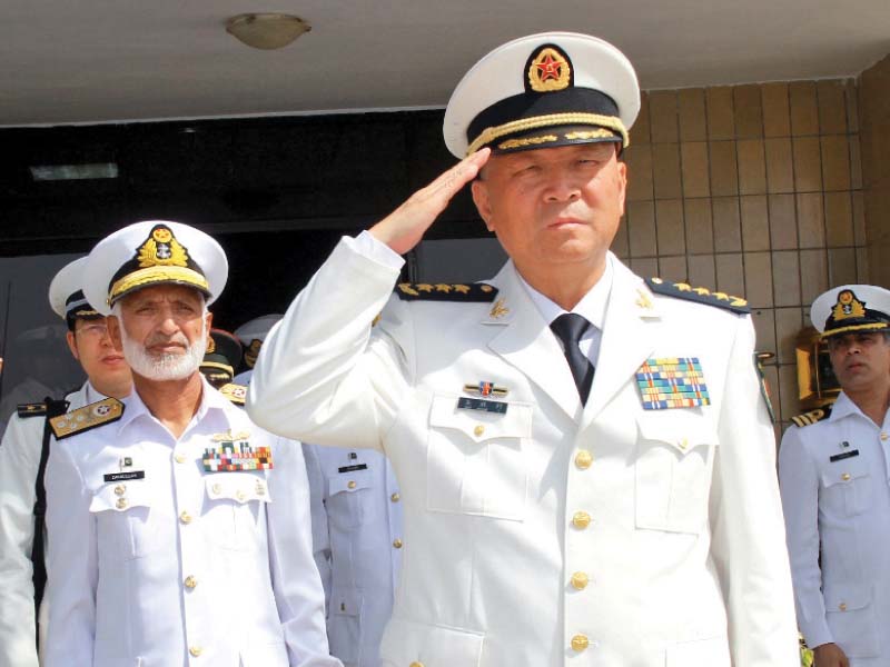 admiral wu shengli commander pla navy receiving the guard of honour at pakistan navy fleet headquarters photo pr