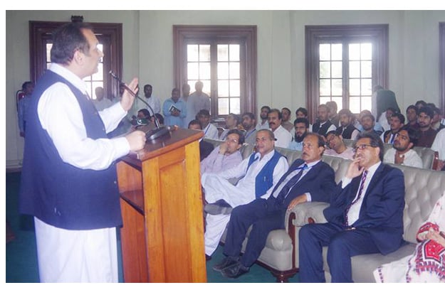 education minister rana mashhood speaking at a reception hosted in honour of a delegation of vice chancellors and high achievers from balochistan photo online