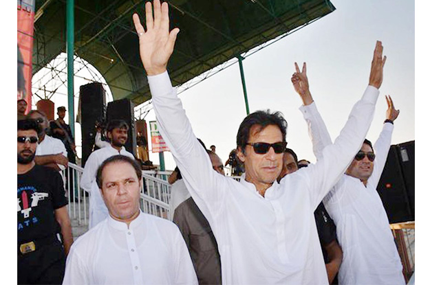 the pakistan tehreek e insaf pti chairman waving hands to crowd as he reached the jalsa in bhimber photo nni