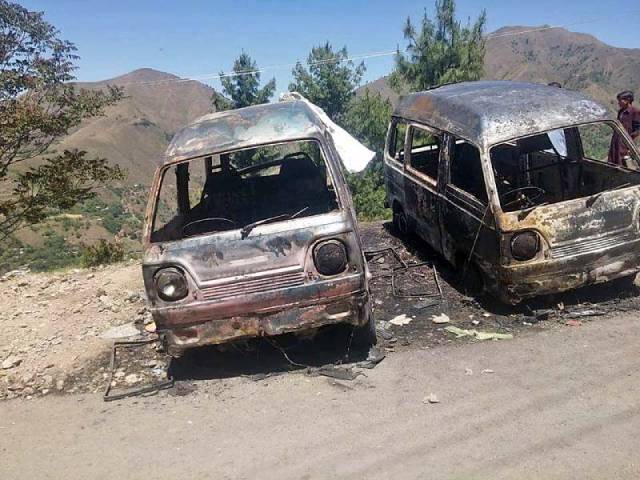 the charred remains of two vehicles set ablaze in galiyat photo express