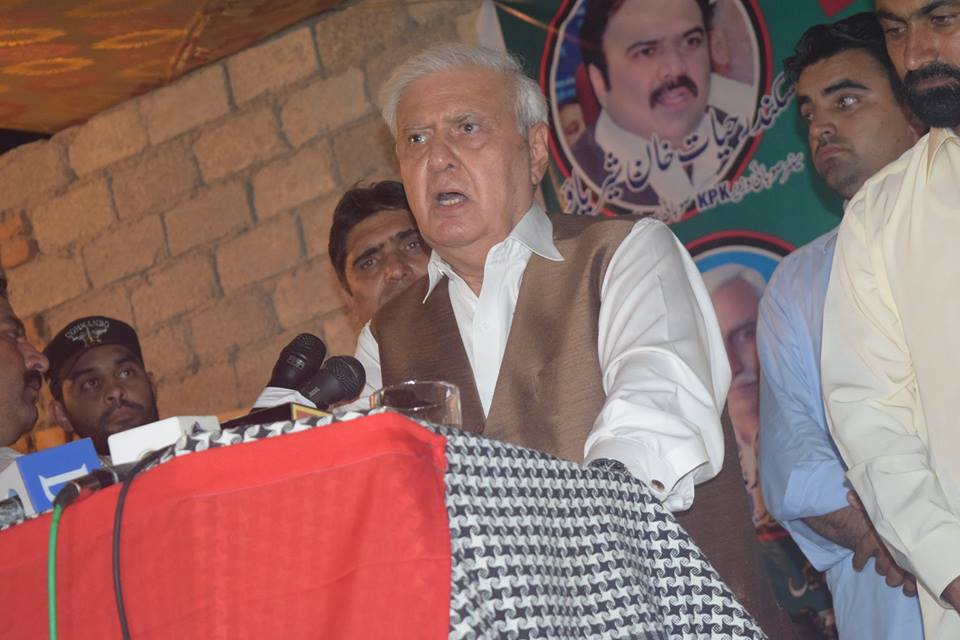 qaumi watan party chairperson aftab ahmed sherpao addressing a public gathering in hattar photo online