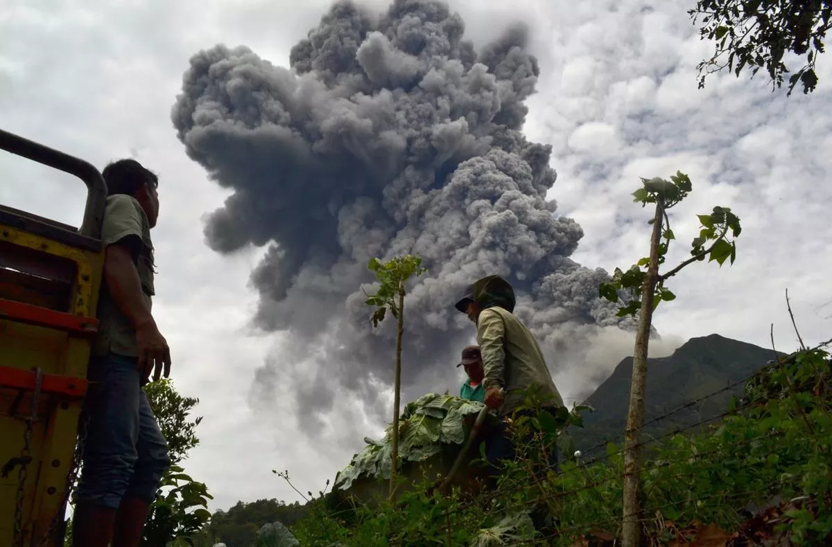 indonesian farmers rush to harvest crops in the district of karo as an ash cloud rises during a fresh eruption of the mount sinabung volcano on september 17 2013 thousands of villagers fled after mount sinabung 039 s series of volcanic eruptions on indonesia 039 s sumatra island spewing rocks and red hot ash onto surrounding villages photo afp indonesian farmers rush to harvest crops in the district of karo as an ash cloud rises during a fresh eruption of the mount sinabung volcano on september 17 2013 thousands of villagers fled after mount sinabung 039 s series of volcanic eruptions on indonesia 039 s sumatra island spewing rocks and red hot ash onto surrounding villages photo afp