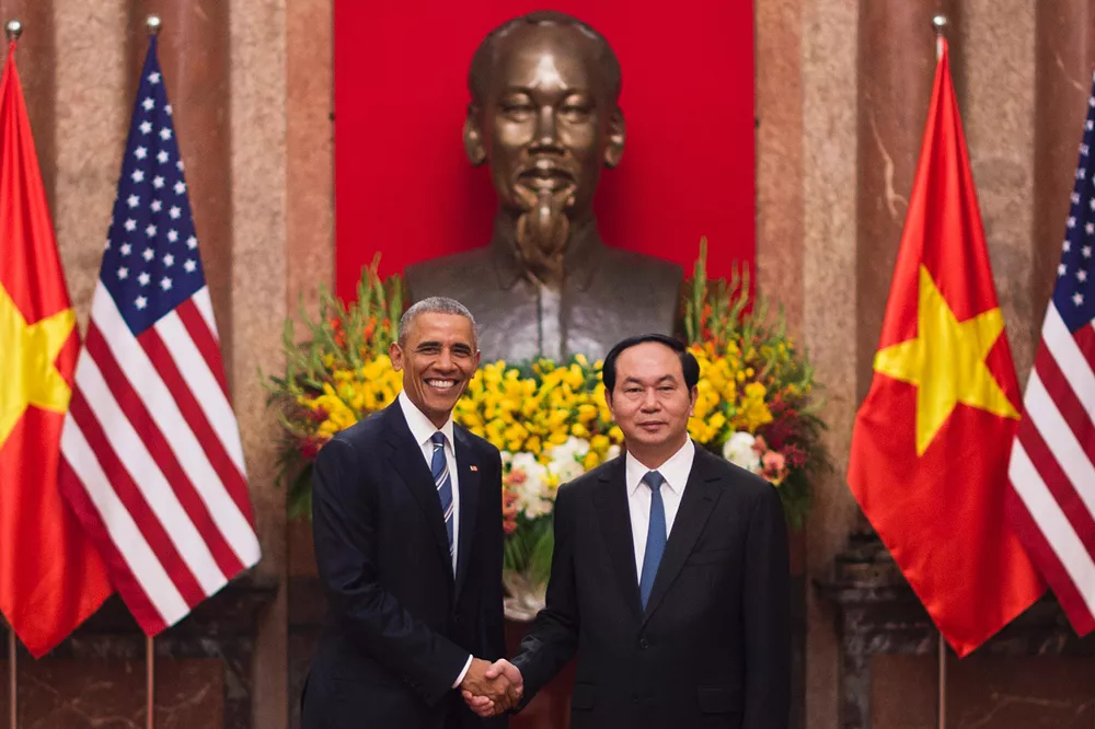 us president barack obama l shakes hands with vietnamese president tran dai quang during his visit to the presidential palace in hanoi on may 23 2016 obama was to meet communist vietnam 039 s senior leaders on may 23 kicking off a landmark visit that caps two decades of post war rapprochement as both countries look to push trade and check beijing 039 s growing assertiveness in the south china sea afp photo us president barack obama l shakes hands with vietnamese president tran dai quang during his visit to the presidential palace in hanoi on may 23 2016 obama was to meet communist vietnam 039 s senior leaders on may 23 kicking off a landmark visit that caps two decades of post war rapprochement as both countries look to push trade and check beijing 039 s growing assertiveness in the south china sea afp photo