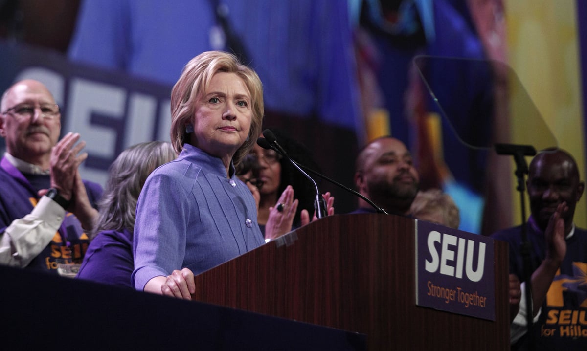 democratic presidential candidate hillary clinton speaks at the service employees international union seiu 2016 international convention at cobo center may 23 2016 in detroit michigan recent polls show clinton in a tight race with republican candidate donald trump photo afp