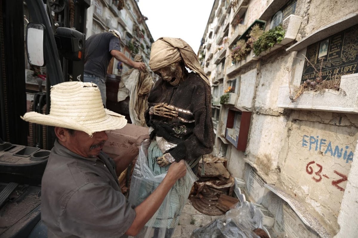 a grave cleaner removes a mummified body from a crypt at la verbena cemetery in guatemala city photo reuters