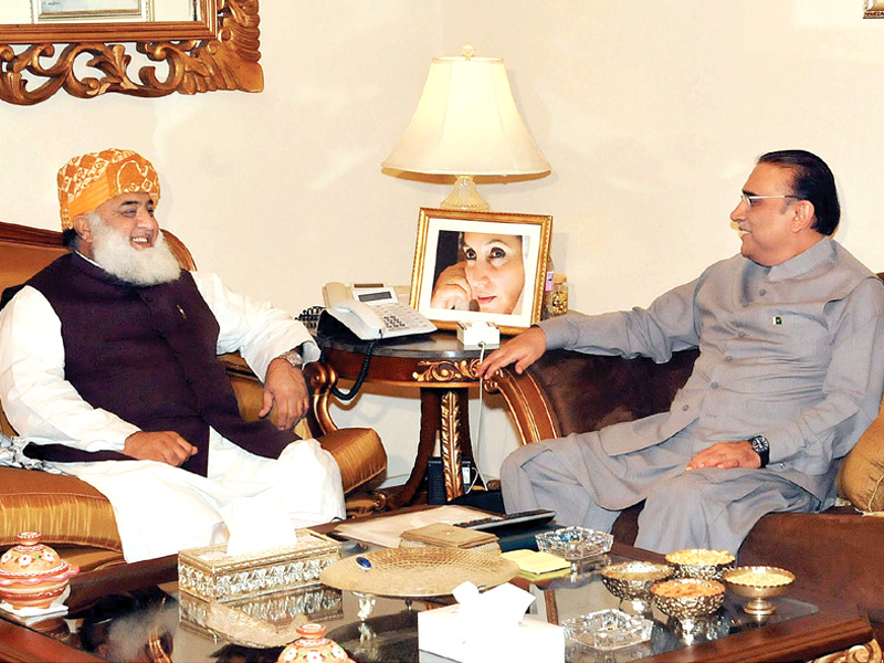 file photo of a meeting between former president asif ali zardari and jui f chief fazlur rehman photo ppi