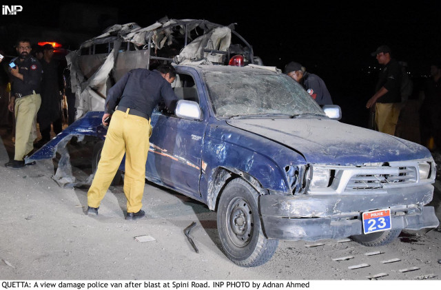 the damaged police mobile after a blast in quetta on tuesday photo inp the damaged police mobile after a blast in quetta on tuesday photo inp