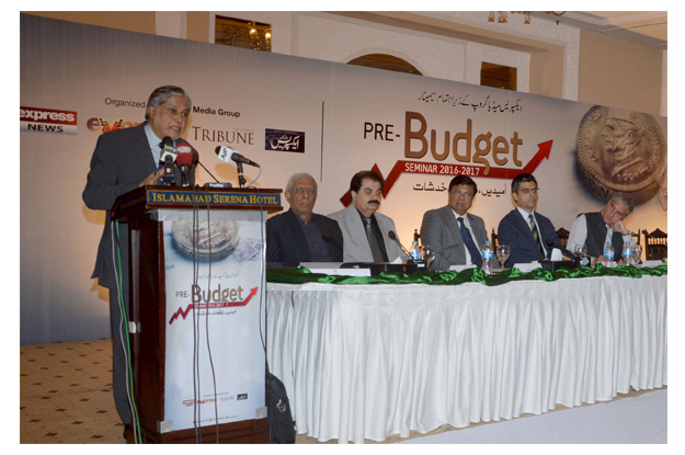 federal finance minister ishaq dar speaking at a seminar organised by the express media group on the upcoming budget entitled budget hopes expectations and concerns photo express