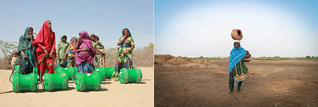 Transporting water: The contrast between using H20 Wheel and carrying water pot on one's head. Photo: Tayaba & File