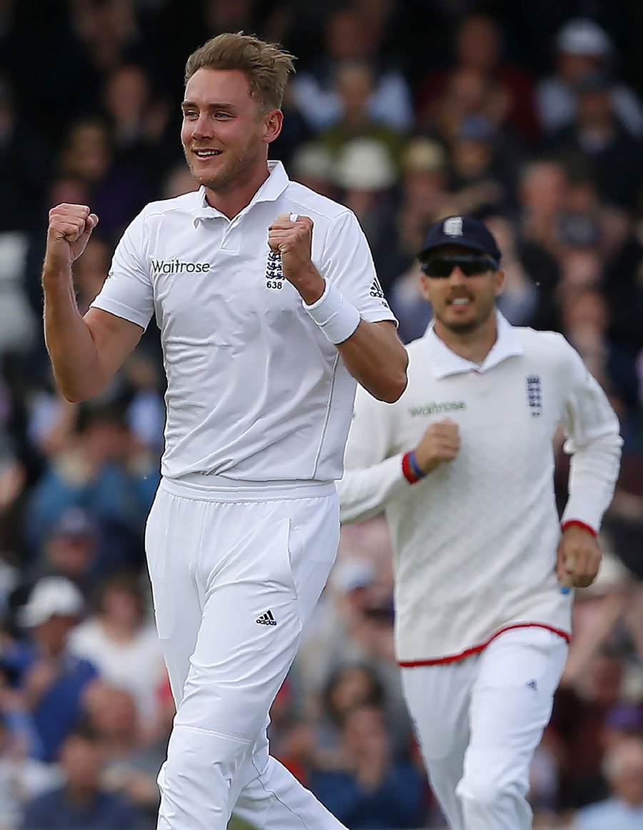 stuart broad picked up two wickets in three balls against sri lanka in the 1st test in headingley uk on may 20 2016 photo afp