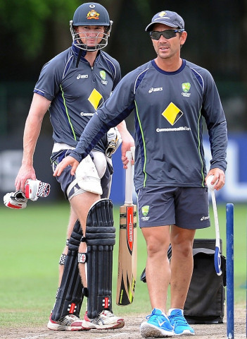 george bailey and justin langer r during practice in colombo sri lanka on october 4 2012 photo afp george bailey and justin langer r during practice in colombo sri lanka on october 4 2012 photo afp