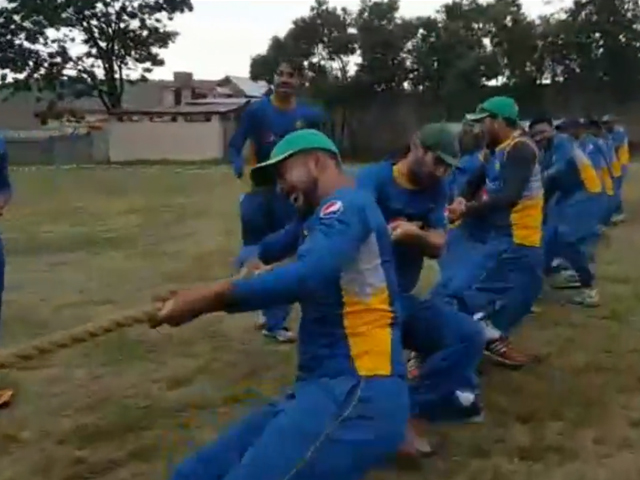 pakistan cricketers take on army in tug of war