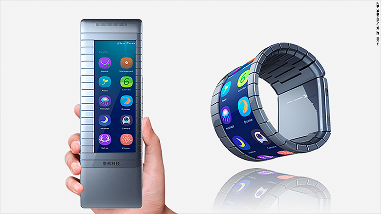 a mockup of a bendable smartphone designed by the chinese startup moxi the company plans to start selling black and white versions of the device this year but a full color model isn 039 t expected until 2018