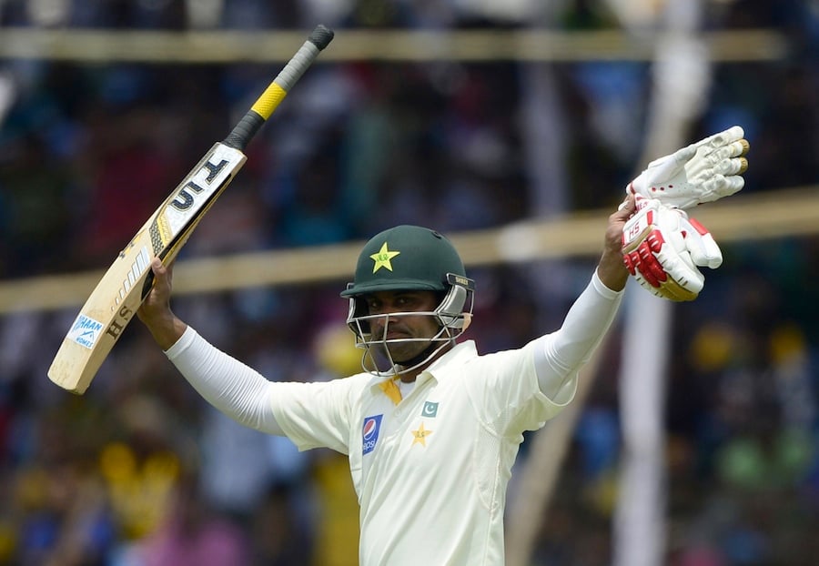 mohammad hafeez celebrates his maiden double hundred against bangladesh in khulna bangladesh on april 30 2015 photo afp