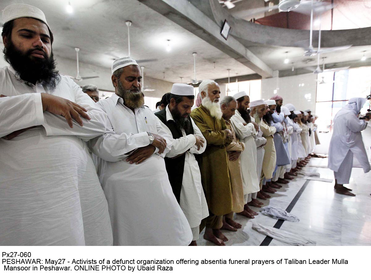 jud activists offer funeral prayers of afghan taliban chief mullah akhtar mansoor in peshawar on friday photo online