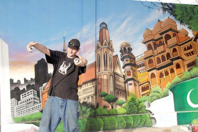 german graffiti artist sebastian schmidt painted this mural at jinnah international airport along with over 10 other artists depicting the city s iconic monuments photo ayesha mir express german graffiti artist sebastian schmidt painted this mural at jinnah international airport along with over 10 other artists depicting the city s iconic monuments photo ayesha mir express