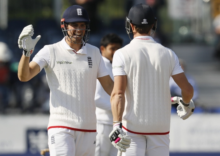 england 039 s nick compton and alastair cook celebrate as they win the series over sri lanka on may 30 2016 at emirates durham icg photo reuters