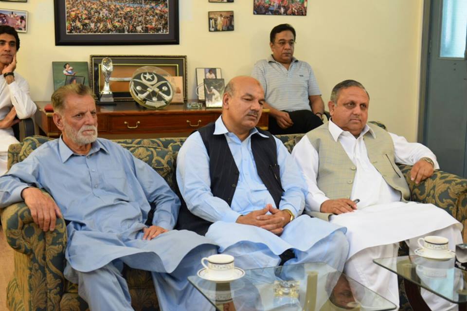 former ajk ministers abdul majid khan muhammad hussain sargala and arshad hussain at bani gala photo pti