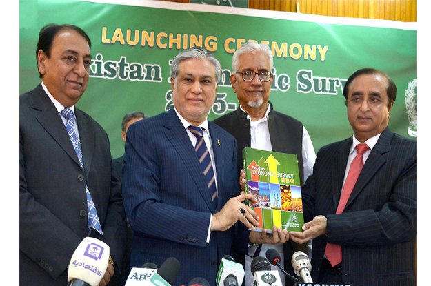 finance minister ishaq dar showing book of pakistan economic survey 2015 2016 photo nni