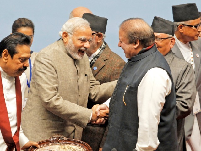indian prime minister narendra modi and prime minister nawaz sharif shakes hands at saarc summit photo afp