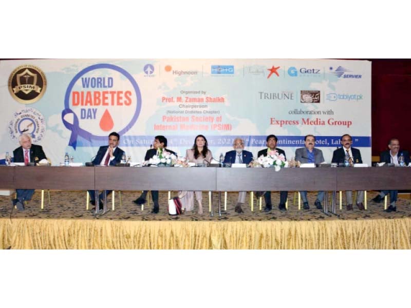 health experts share their views at a seminar on world diabetes day organised by express media group and pakistan society of internal medicine in collaboration with atco servier getz pharma high q and highnoon photo express