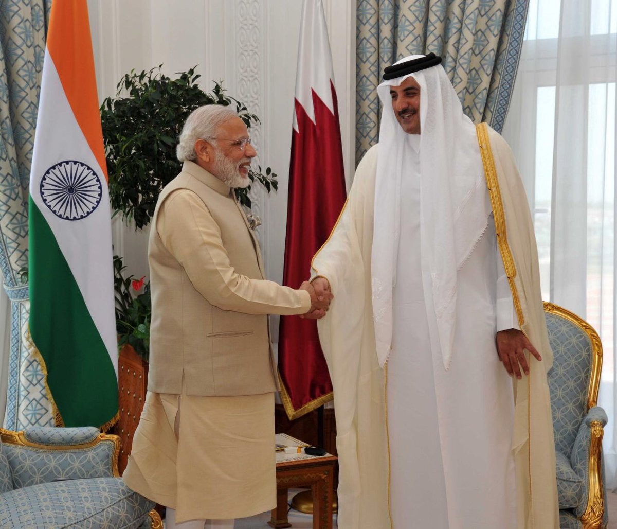 indian prime minister narendra modi meets qatar 039 s sheikh tamim bin hamad al thani photo twitter narendramodi