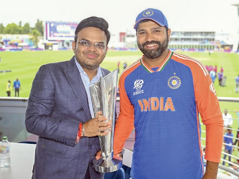 bcci secretary jay shah and india captain rohit sharma celebrate with coveted t20 world cup trophy photo icc
