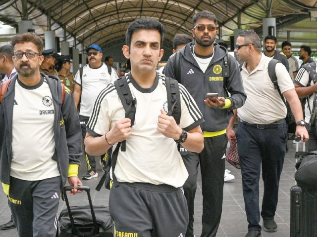 india s head coach gautam gambhir c hardik pandya and other teammates arrive in colombo for the twenty20 and odi series against sri lanka photo afp