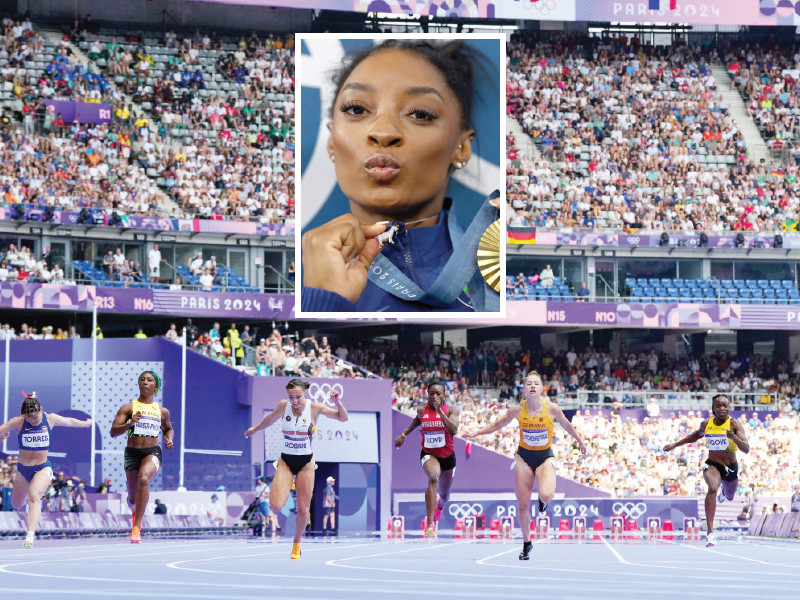 left gold medallist simone biles of united states celebrates with her medal right a general view of athletes in action as marie josee ta lou smith of ivory coast crosses the finish line to win heat 8 in women s 100m photo reuters