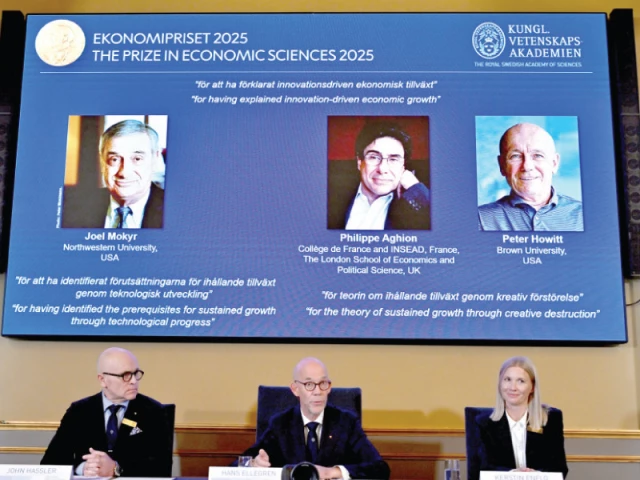 the nobel prize in economic sciences 2025 is presented during a press conference at the royal swedish academy of sciences in stockholm photo reuters