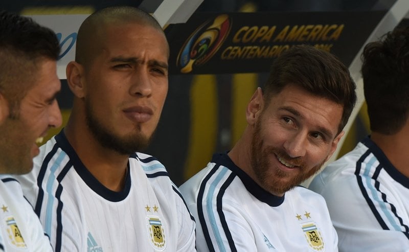 lionel messi r on the substitute 039 s bench before the start of their copa america centenario football tournament match against chile in santa clara california united states on june 6 2016 photo afp