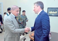 un humanitarian chief tom fletcher shakes hands with pm shehbaz sharif in islamabad photo ppi