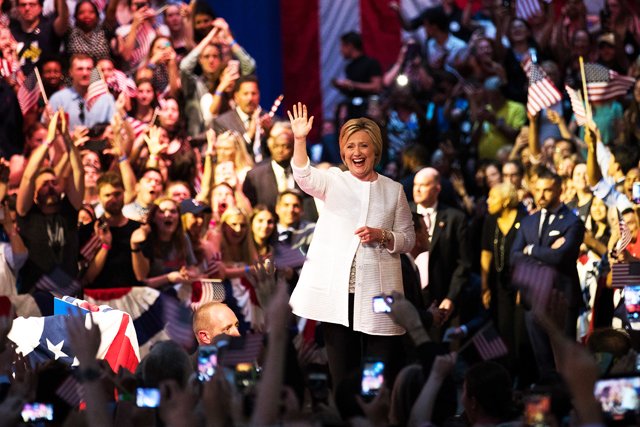 democratic presidential candidate hillary clinton arrives onstage during a primary night rally at the duggal greenhouse in the brooklyn navy yard june 7 2016 in the brooklyn borough of new york city clinton has secured enough delegates and commitments from superdelegates to become the democratic party 039 s presumptive presidential nominee she will become the first woman in us history to secure the presidential nomination of one of the country 039 s two major political parties photo afp