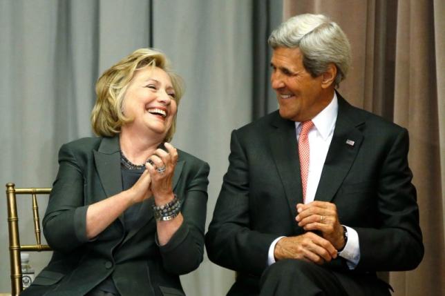 hillary clinton l and john kerry r laugh together during a ceremony before breaking ground for the us diplomacy center at the state department in washington september 3 2014 photo reuters