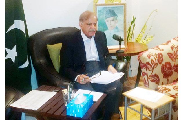 chief minister shahbaz sharif addressing a meeting through video link from london to review recommendations for budgetary allocations photo inp