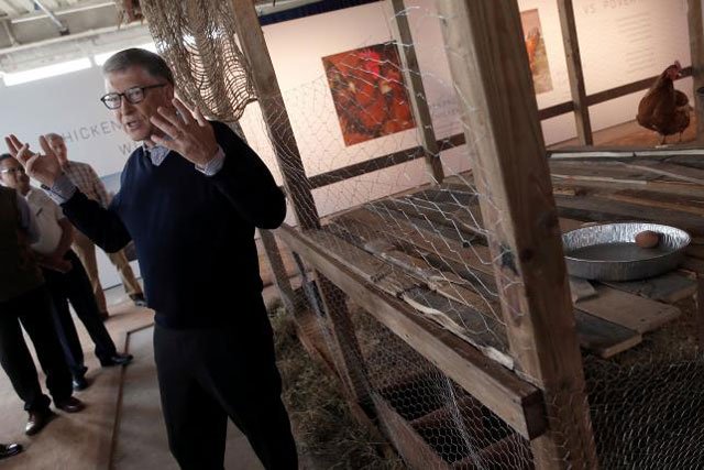 billionaire philanthropist and microsoft 039 s co founder bill gates speaks to the media in front of a chicken coop set up on the 68th floor of the 4 world trade center tower in manhattan new york us june 8 2016 while announcing that he is donating 100 000 chicks to developing countries with the goal of ending extreme poverty photo reuters