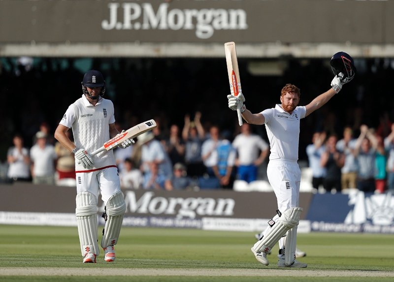 jonny bairstow r celebrates after reaching his century during play on the first day of the third test match between england and sri lanka at lord 039 s cricket ground in london on june 9 2016 photo afp