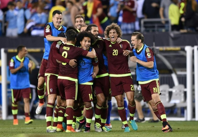 players of venezuela celebrate after defeating uruguay in the copa america centenario football tournament in philadelphia pennsylvania united states on june 9 2016 photo afp players of venezuela celebrate after defeating uruguay in the copa america centenario football tournament in philadelphia pennsylvania united states on june 9 2016 photo afp