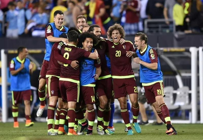 players of venezuela celebrate after defeating uruguay in the copa america centenario football tournament in philadelphia pennsylvania united states on june 9 2016 photo afp players of venezuela celebrate after defeating uruguay in the copa america centenario football tournament in philadelphia pennsylvania united states on june 9 2016 photo afp