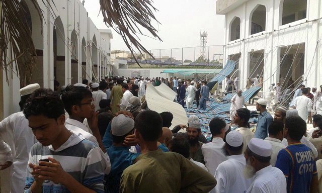 people gather inside jamia masjid usman in landi kotal area of north nazimabad where a makeshift roof collapse incident claimed lives of at least five people while several others were injured on june 09 2016 photo twitter