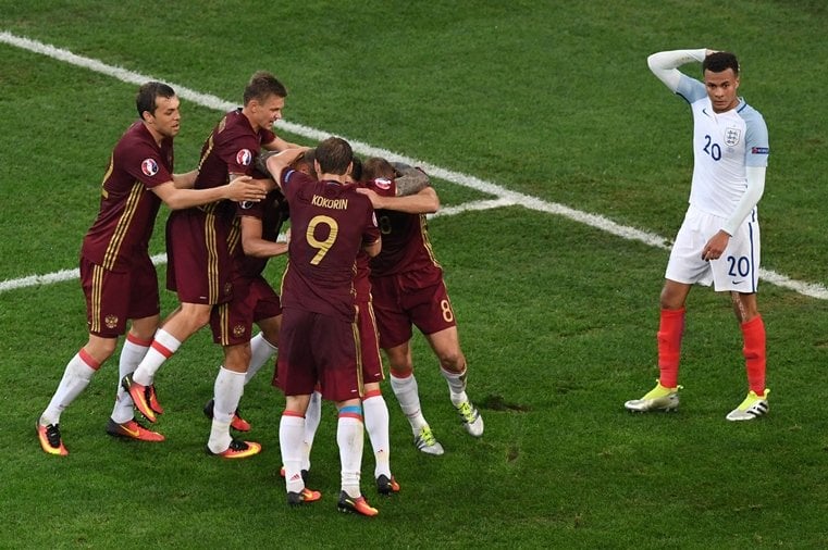 russian team celebrating after scoring a goal during the euro 2016 group b football match between england and russia at the stade velodrome in marseille on june 11 2016 photo afp