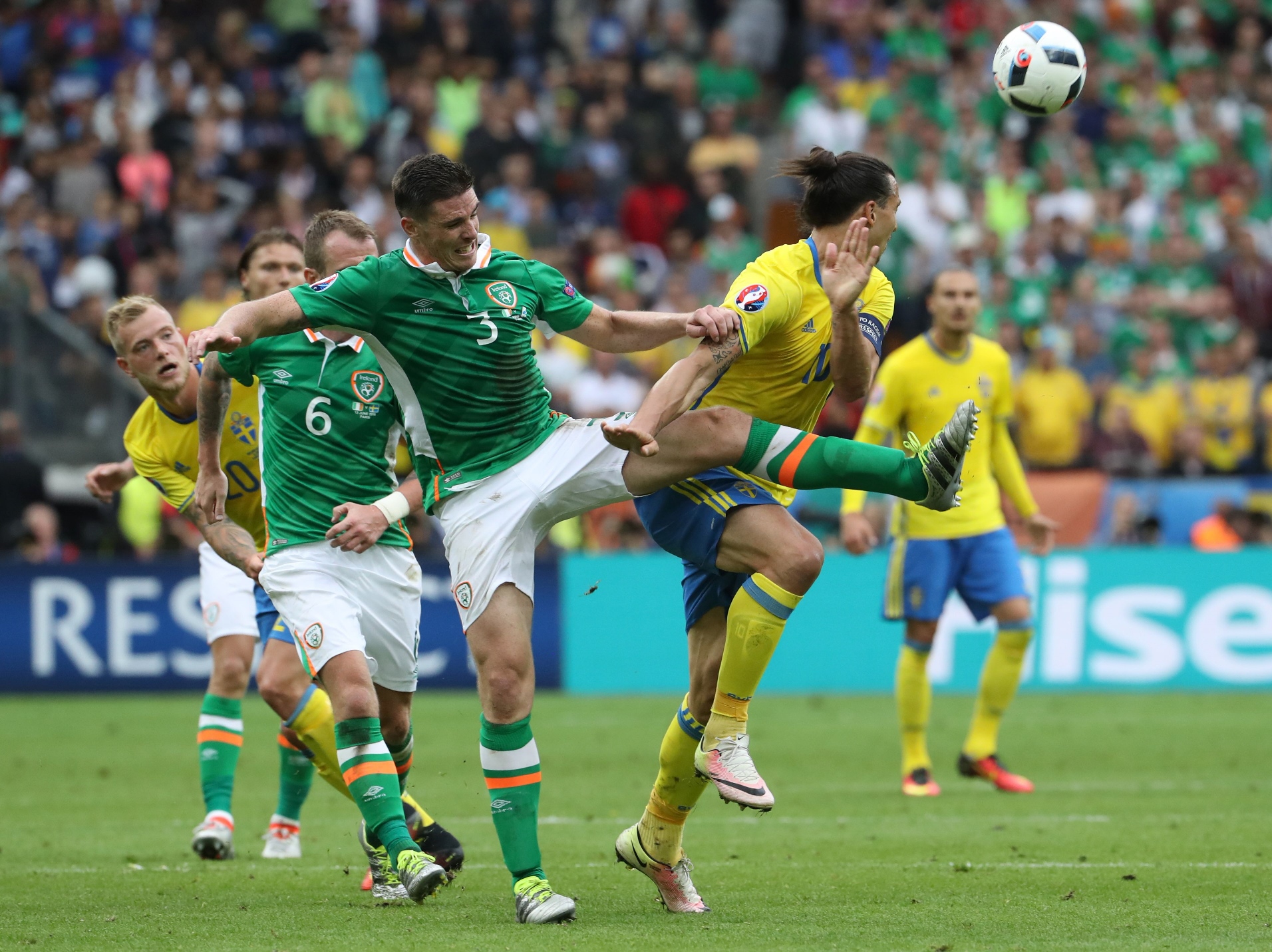 ireland 039 s defender ciaran clark 3rd l vies for the ball with sweden 039 s forward zlatan ibrahimovic during the euro 2016 group e football match between ireland and sweden at the stade de france stadium in saint denis near paris on june 13 2016 photo afp