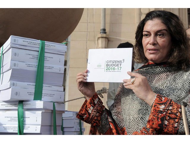 mpa kanwal nauman showing a copy of punjab 039 s budget 2016 17 outside punjab assembly on june 13 2016 photo tariq hassan express