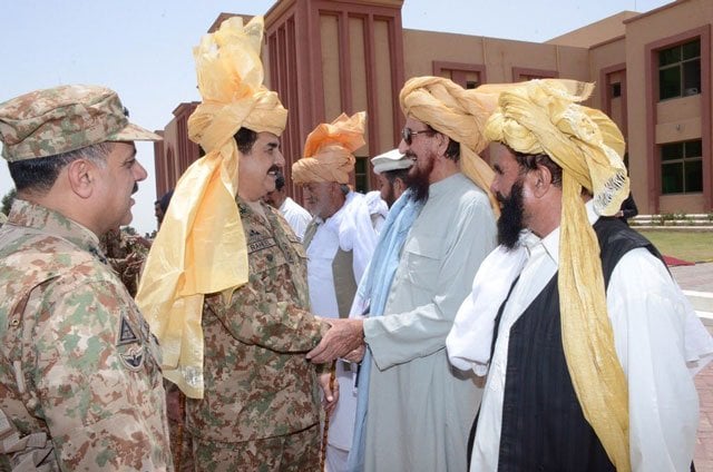 chief of army staff general raheel sharif shakes hands with a tribal elder during the former 039 s visit to waziristan agency on june 14 2016 photo ispr