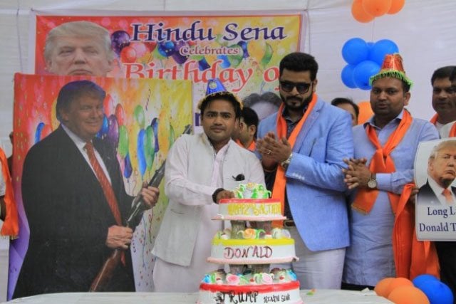 activists of right wing hindu extremist organisation hindu sena cut a three tier cake to celebrate us republican presidential nominee donald trump 039 s birthday in new delhi on june 14 2016 photo twitter